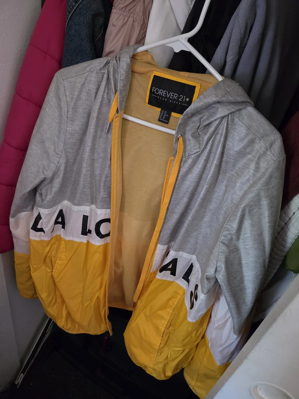 Forever 21+ Gray and Yellow Mesh-Lined Hooded Jacket